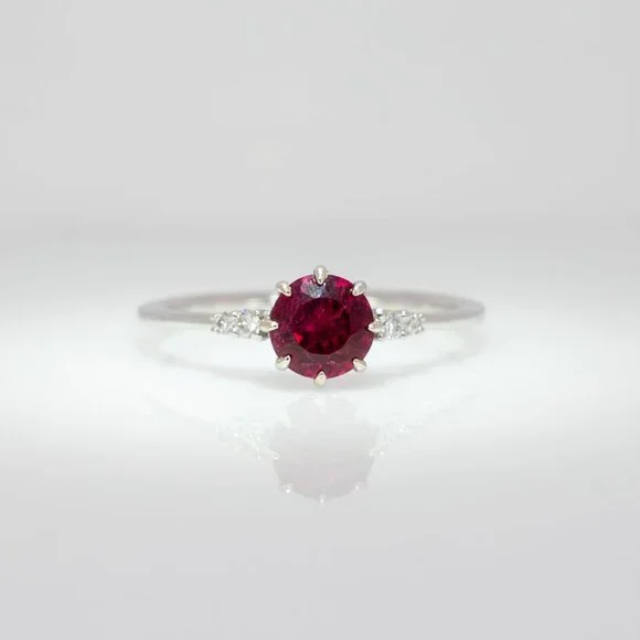 Round Rubellite Tourmaline Ring in Solid 14K White Gold with Diamond Accents